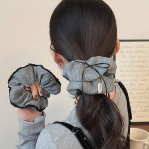 Elegant Grey Knitted Woolen Scrunchie With Black Lace Edge Vintage Style Hair Tie Ponytail Holder Hair Accessories For Women