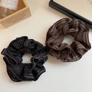 Retro paisley print scrunchie set in black and coffee brown fabric for ponytails