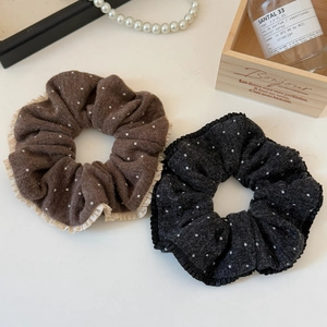 Polka dot knitted scrunchie set with pleated lace trim in brown and dark grey