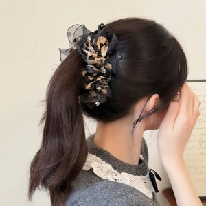 Elegant leopard print fabric flower hair claw with rhinestones for high ponytail