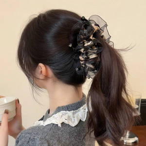 Elegant Leopard Print Banana Clip For Women Fabric Mesh Bowknot Hair Clip With Rhinestone Accents Ponytail Holder Fashion Hair Accessories