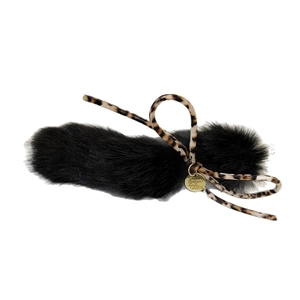 Elegant black plush hair clip with leopard print ribbon bow and golden metal charm