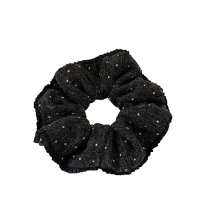 Retro knit polka dot scrunchie with pleated lace trim for winter hairstyles