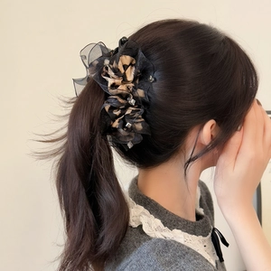Elegant leopard print fabric flower hair claw clip with rhinestones for ponytail