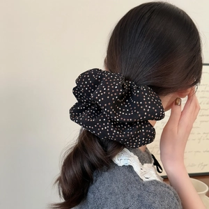Black polka dot oversized scrunchie for women made of soft pleated chiffon fabric