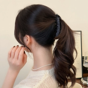 Elegant dark grey glitter fabric banana hair clip holding ponytail hair accessory