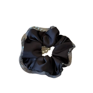 Elegant black satin scrunchie with silver glitter lace and pearl charm detail