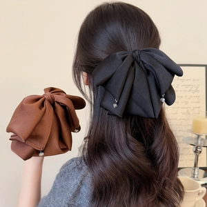 Grande Pince à Cheveux Nœud en Tissu Satiné Avec Pendentif en Strass Élégante Pince à Queue de Cheval Vintage pour Femme