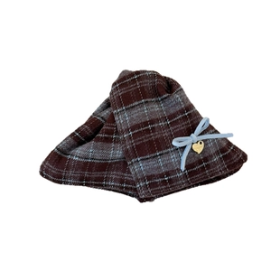Brown plaid hair claw clip with blue bow and golden heart charm on white background