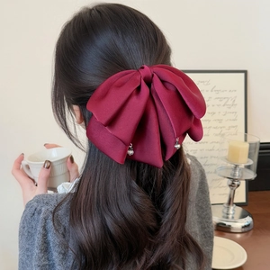 Barrette à nœud géant en satin bordeaux avec pendentifs en cristal, style rétro français