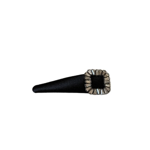 Elegant black satin hair clip with a square sparkling diamond buckle for a vintage look