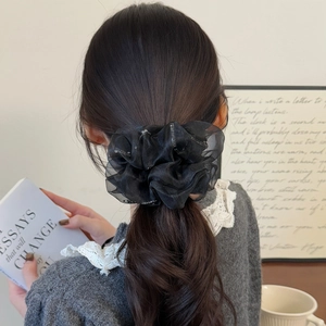 Elegant Black Mesh Pleated Scrunchie Rhinestone Large Elastic Hair Tie Organza Flower Bud Hair Rope Headwear For Women