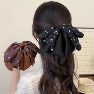 Elegant Satin Bow Hair Clip Double Layer Floral Pattern With Rhinestone Pendant For Women Ponytail Half Up Style Accessory