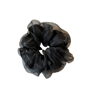 Elegant black pleated organza scrunchie with sparkling silver rhinestones for women
