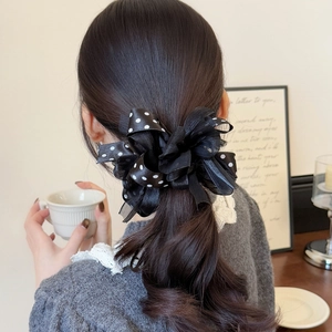 Elegant Black Polka Dot Ribbon Scrunchie Large Bow Hair Tie Korean Style Pleated Hair Ring Ponytail Holder Fashion Hair Accessories For Women