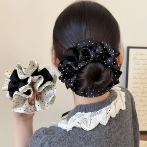 French Vintage Polka Dot Satin Scrunchies Ruched Large Hair Tie Patchwork Hair Accessories Elegant Ponytail Holder For Women