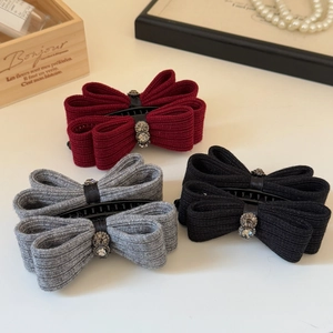 Knitted Bow Banana Hair Clip With Rhinestone Flower For Women French Vintage Style Ponytail Holder Fashion Hair Accessories