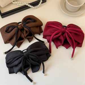 Élastiques à cheveux nœud élégants avec longs pompons et perles en bordeaux, noir et brun