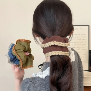 Korean Style Knitted Crochet Lace Edge Scrunchies Vintage Elegant Fabric Hair Ties Retro Color Block Elastic Hair Bands For Women Accessories