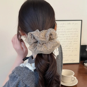 Leopard print mesh hair scrunchie with double-layer design for stylish ponytail styling