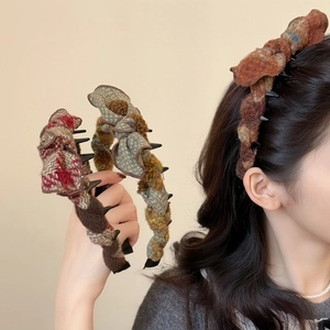 Vintage Tweed Bow Headband With Teeth For Women Autumn Winter Retro Plaid Hair Band Volumizing Non-slip Hair Accessories