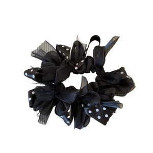 Elegant black polka dot bow hair scrunchie with satin and organza layers for women