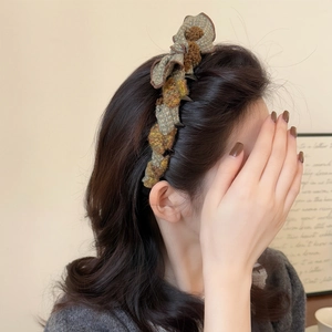 Retro tweed wrapped headband with pleated bow design for women in autumn colors