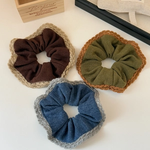 Three-piece knitted scrunchies set with crochet lace trim in coffee, green and blue