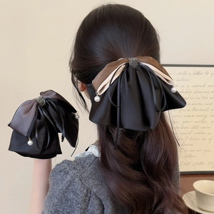 Large Satin Bow Hair Clip Elegant Patchwork Rhinestone Hair Claw With Faux Artificial Pearl Tassel Ribbon Hair Accessories For Women