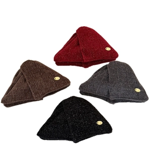 Sparkly knit beanies for women in red, brown, grey, and black with metal labels