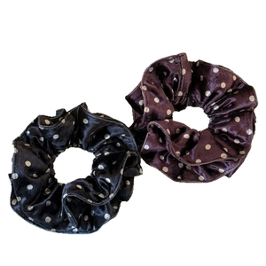 Glossy polka dot scrunchie set in black and dark coffee satin for retro hair styling