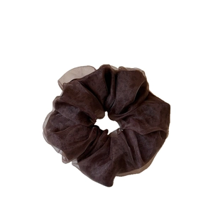 Leopard print mesh hair scrunchie in deep brown with ruffled floral tulle design