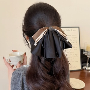 Elegant multi-layered silk bow hair claw with rhinestones and pearl pendants