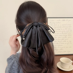 Grande Fermaglio per Capelli con Fiocco in Raso Leopardato Stile Francese Coda di Cavallo con Nastri Pendenti Accessori Donna