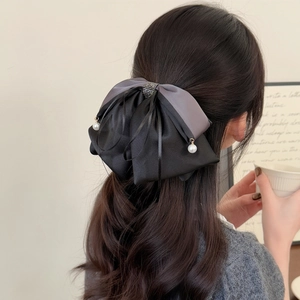 Elegant oversized black and gray bow hair clip with rhinestones and pearl pendant for women