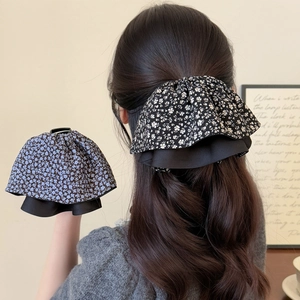 Retro Korean Floral Fabric Bow Hair Claw Clip For Women Elegant Double Layer Skirt Shark Ponytail Clip Hair Accessories