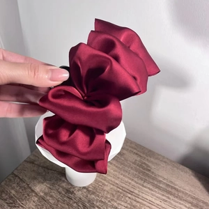 Elegant large wine red satin puff hair claw clip with pleated layered ribbon design