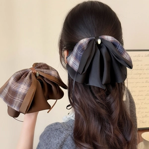 Pince à Cheveux Nœud Plaid Français Grande Griffe en Ruban Élégant Tissu à Carreaux Accessoire Queue Cheval Rétro Académie Femme