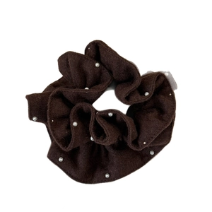 Brown knitted scrunchie with white pearls for elegant autumn winter hair styling