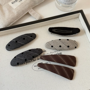 Set of 6 elegant polka dot fabric hair clips in grey and brown for women