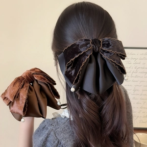 Vintage Velvet Satin Bow Hair Clip With Artificial Pearl Pendant Elegant Large Hair Claw Clip For Women High Ponytail Accessories