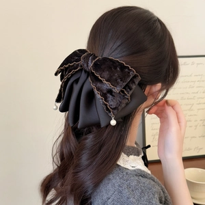 Elegant black velvet multi-layer bow hair claw with pearls for high ponytail