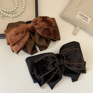 Vintage velvet bow hair claw clip with satin layers and elegant pearls for high ponytails
