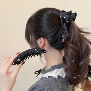 Korean Style Polka Dot Bow Banana Hair Clip For Women Handmade Black Fabric Elegant Ponytail Holder Light Luxury Hair Accessory