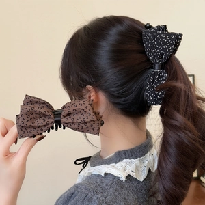 Vintage Leopard Print Bow Banana Hair Clip For Women Retro Fabric Polka Dot Ponytail Holder Crisscross Hair Accessories