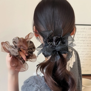 Elegant Bowknot Mesh Scrunchie For Women Korean Style Organza Hair Tie With Rhinestone Glistening Large Intestine Hair Ring
