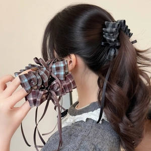 Vintage Plaid Bow Banana Hair Clip For Women Fabric Ruffle Long Ribbon Ponytail Holder Sweet Elegant Korean Style Hair Accessories