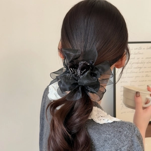 Elegant black organza flower hair scrunchie with sparkling rhinestones for women