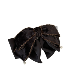 Vintage velvet bow hair claw clip with gold embroidery and pearl pendants for women