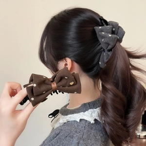 French Retro Polka Dot Bow Banana Clip Elegant Handmade Fabric Hair Clip For Women High Horsetail Hair Accessory Decoration